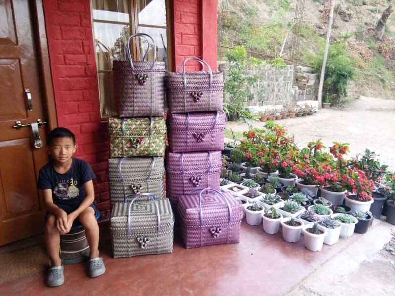 9-year old Nuve Tetseo from Kohima has managed to weave more than 40 baskets over the past few months. (Morung Photo)